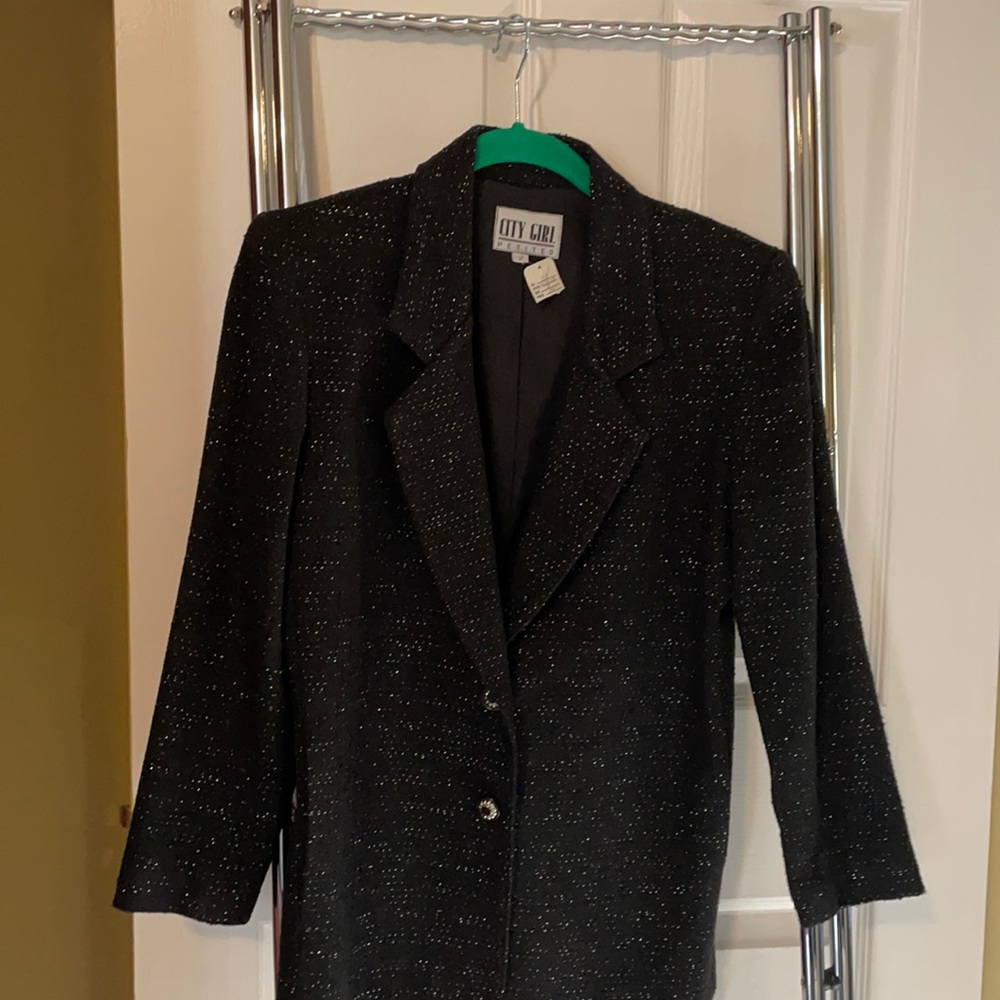 Vintage City Girls Petite Blazer, Blk w/Silver & Gold Metallic Thread-Size 2
